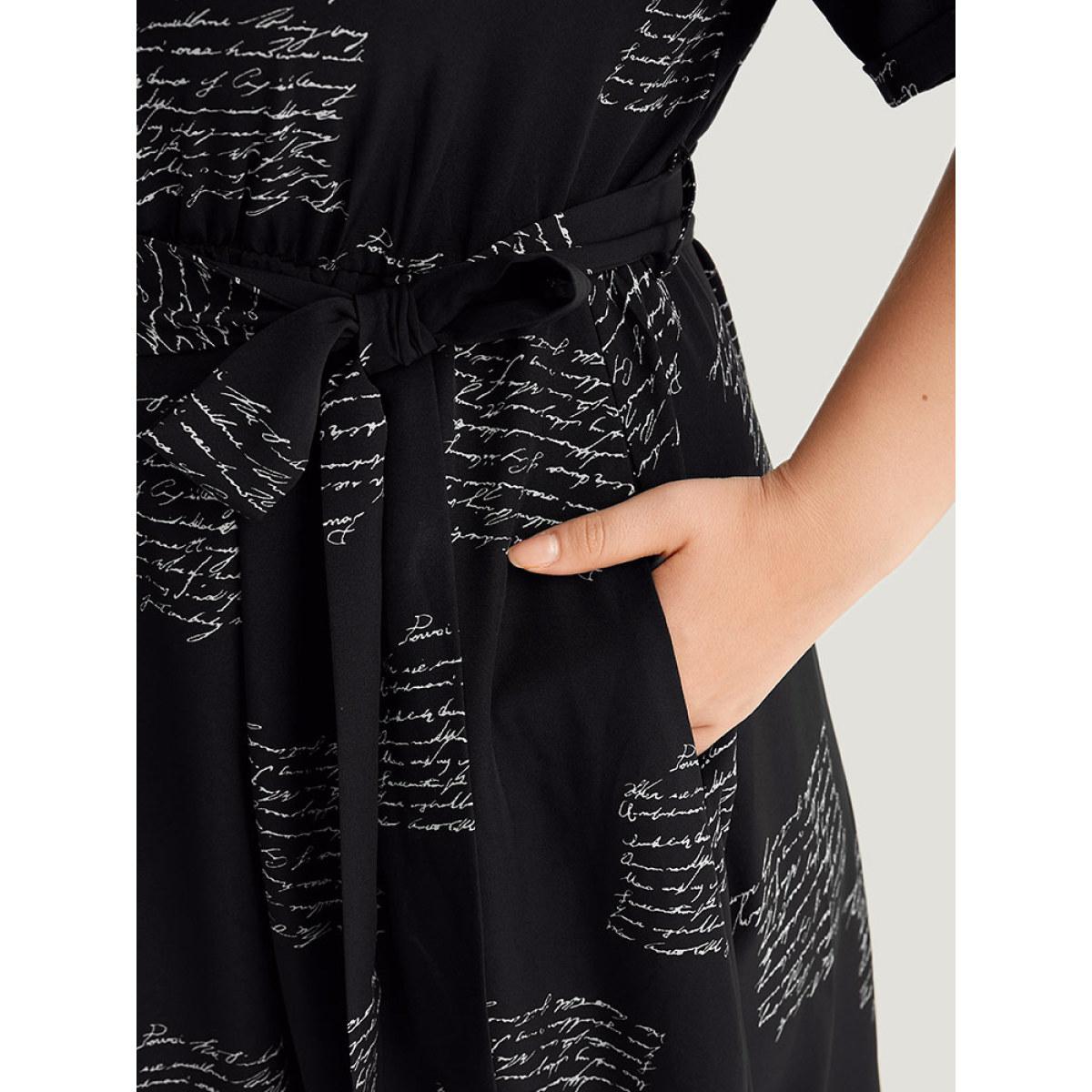 Plus Size Letter Print Notched Belted Arc Hem Dress Black Women Office Belted Mock Neck Short sleeve Curvy Midi Dress BloomChic 30/6X Product Image