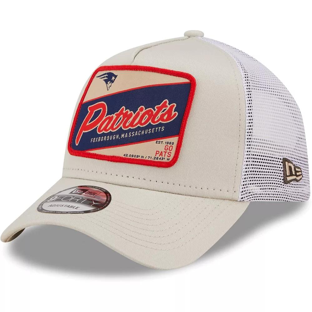 Men's New Era Khaki/White New England Patriots Happy Camper A-Frame Trucker 9FORTY Snapback Hat, Beig K Product Image
