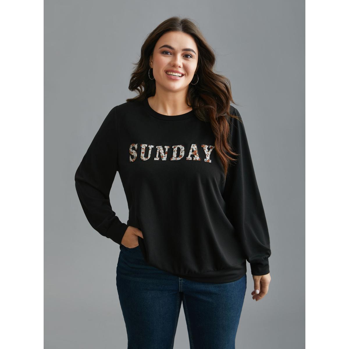 Plus Size Sunday Patchwork Embroidered Sweatshirt Women Black Casual Embroidered Round Neck Everyday Sweatshirts BloomChic 12/L Product Image