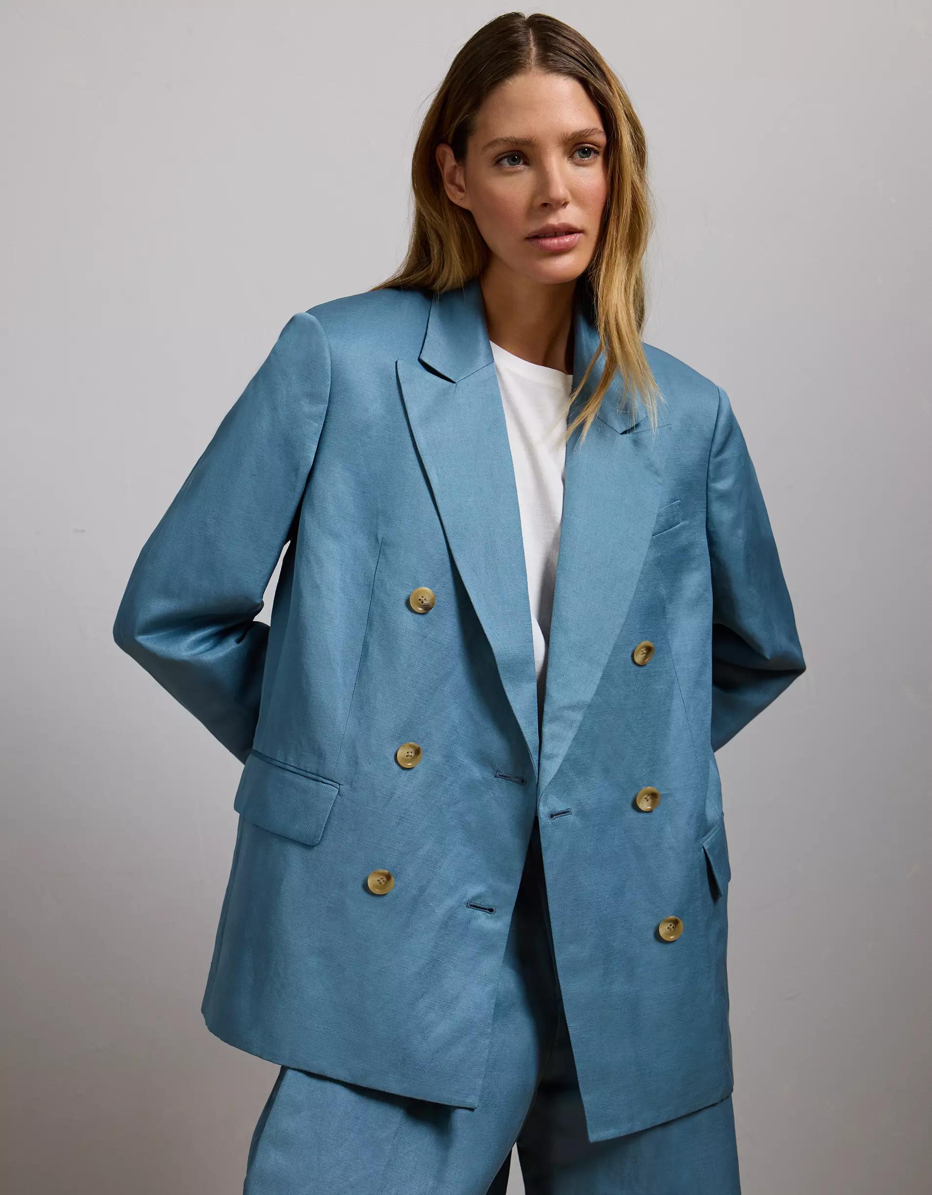 AE77 Premium Linen-Silk Blend Double-Breasted Blazer Product Image