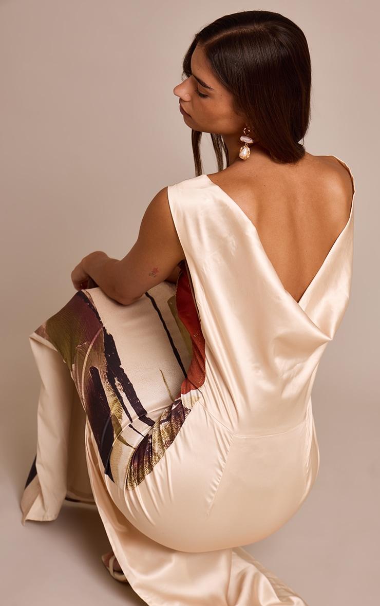 Cream Floral Printed Satin Maxi Dress Product Image