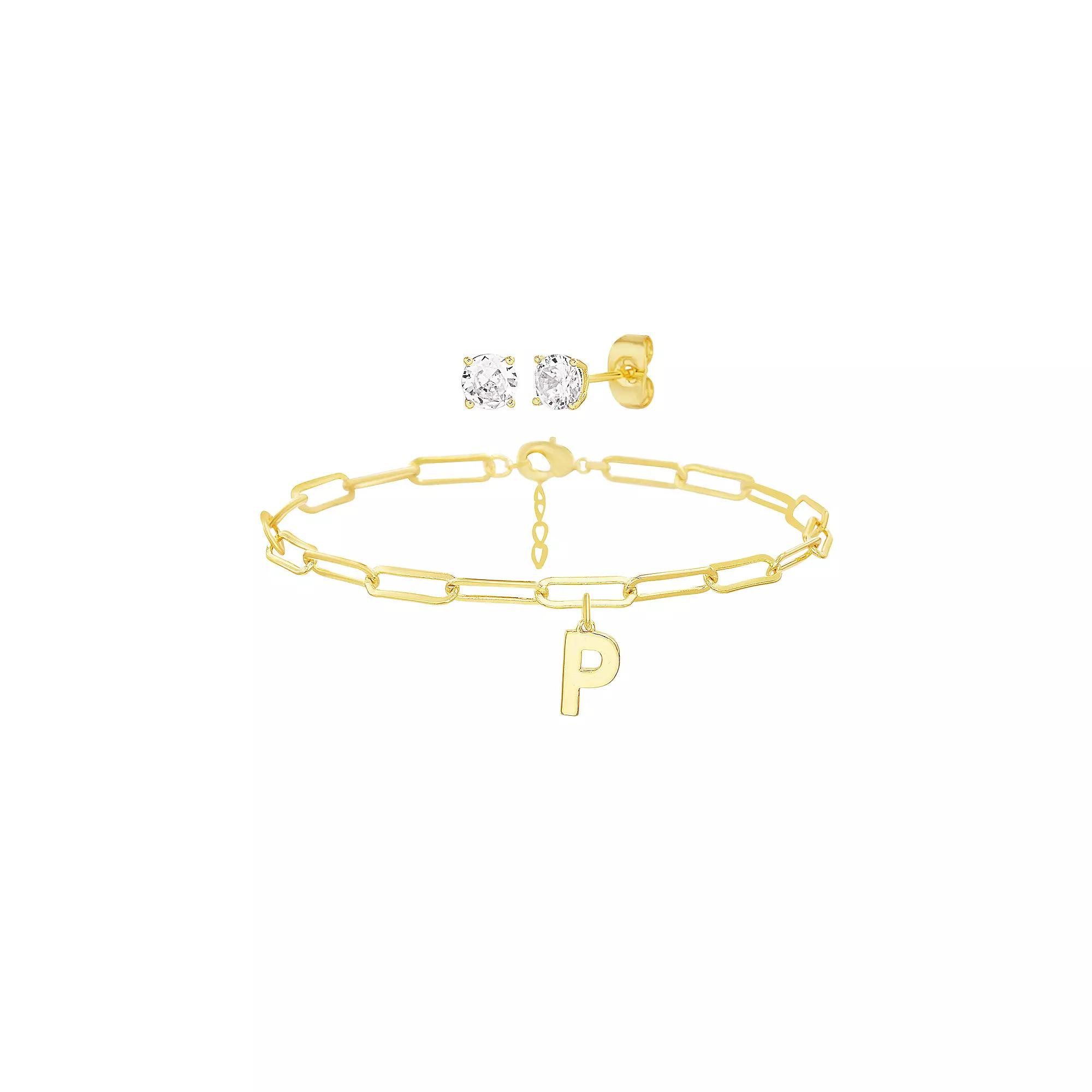 Paige Harper 14k Gold Plated Initial Charm Bracelet & Cubic Zirconia Stud Earring Set, Women's,  Product Image