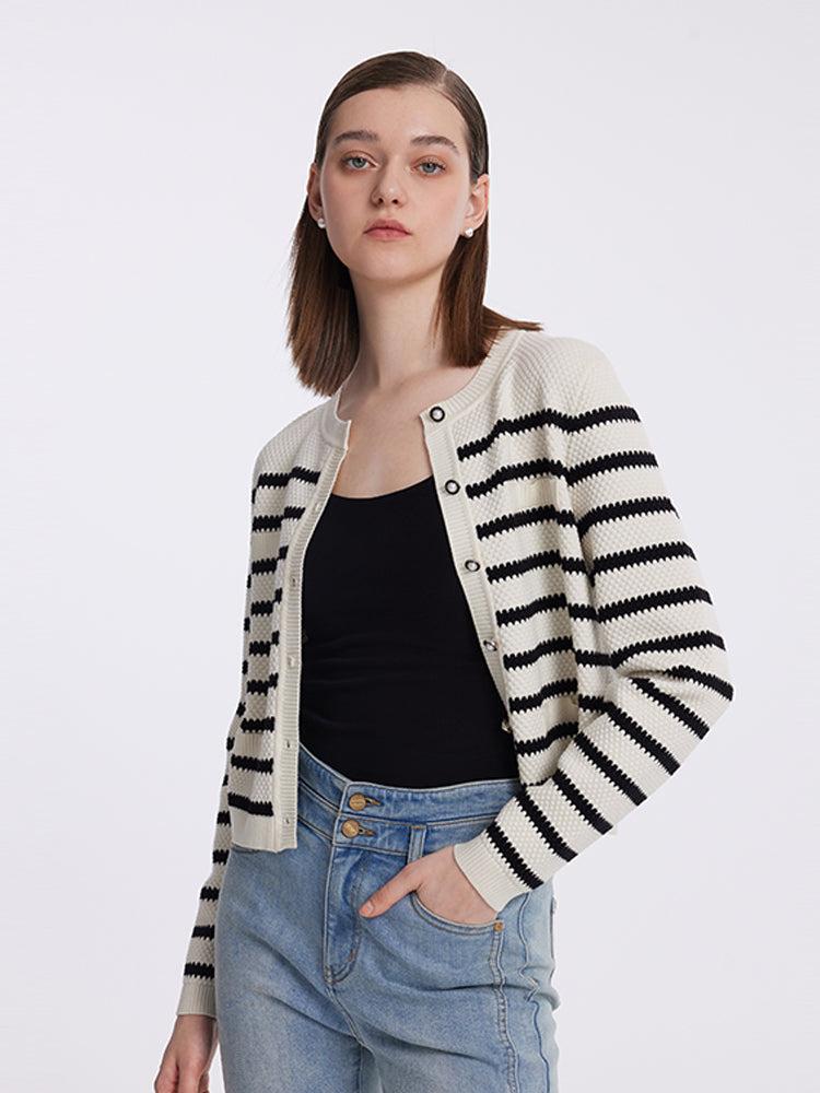 Striped Pearl Button Knitted Women Cardigan Product Image