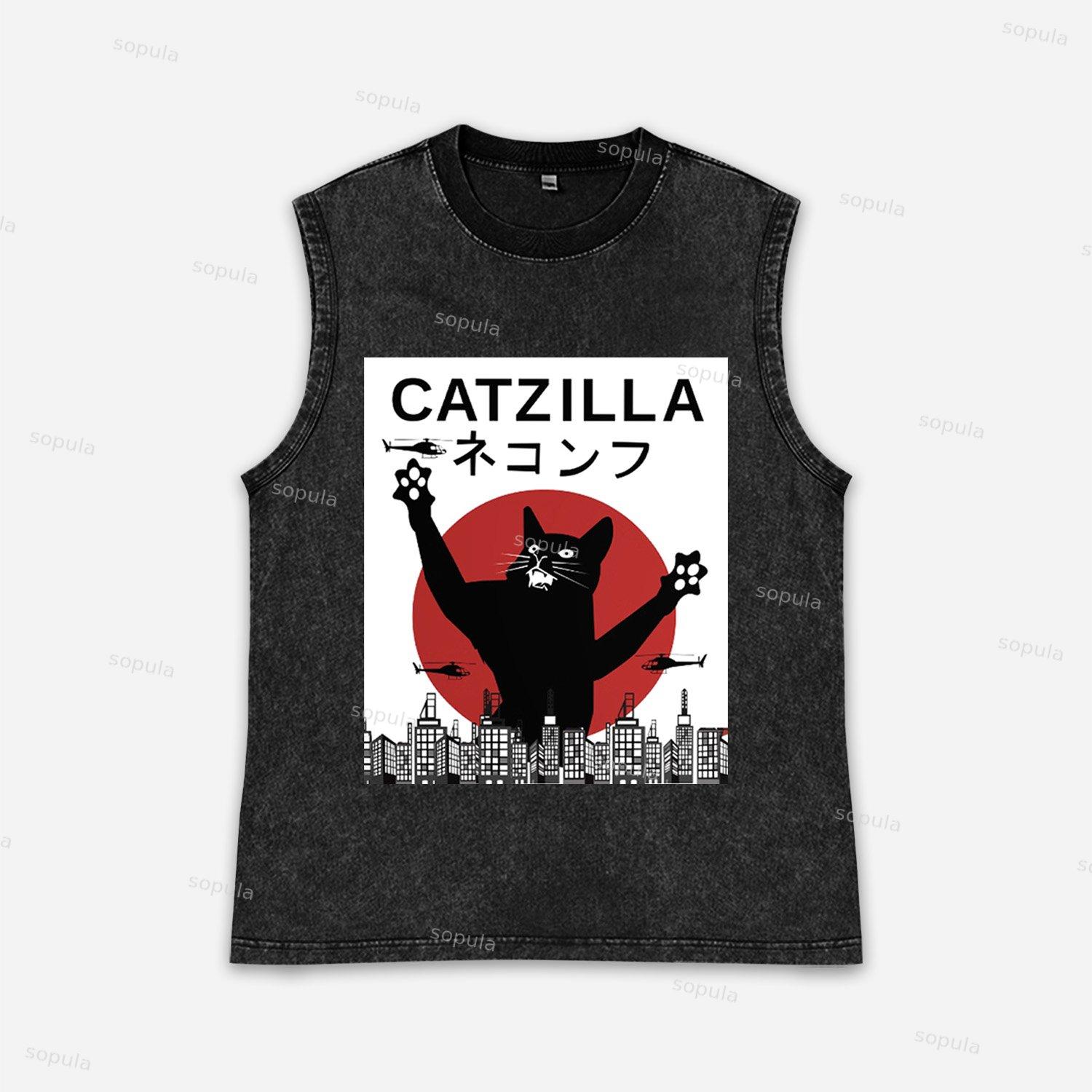 Vintage Catzilla Graphic Acid Washed Tank Tops Product Image