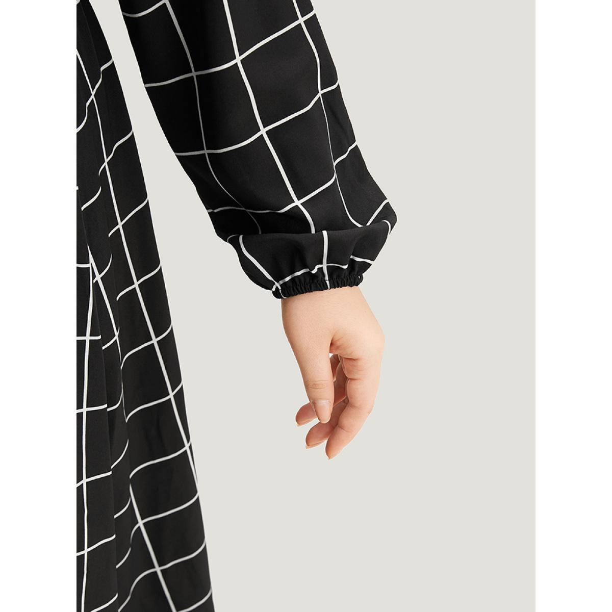 Plus Size Plaid Shirt Collar Belted Lantern Sleeve Dress Black Women At the Office Elastic cuffs Shirt collar Long Sleeve Curvy Midi Dress BloomChic 14-16/1X Product Image