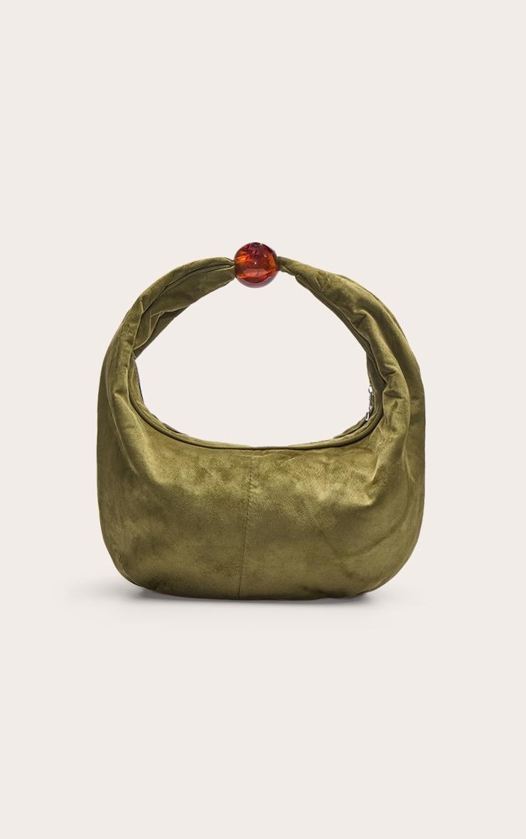 Olive Faux Suede Bead Handle Shoulder Bag Product Image