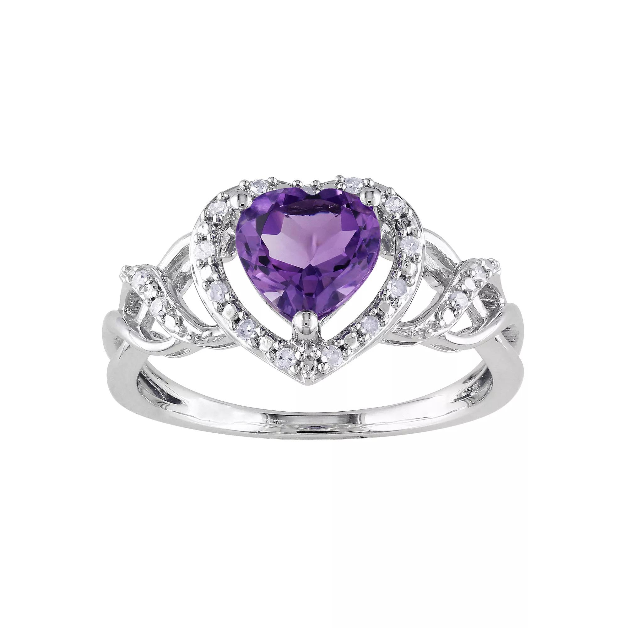 Stella Grace Sterling Silver Amethyst & 1/10 Carat T.W. Diamond Open Heart Crossover Ring, Womens Product Image