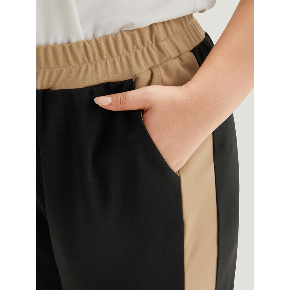 Plus Size Two Tone Elastic Waist Pocket Pants Women Black Office High Rise Office Pants BloomChic 30/6X Product Image