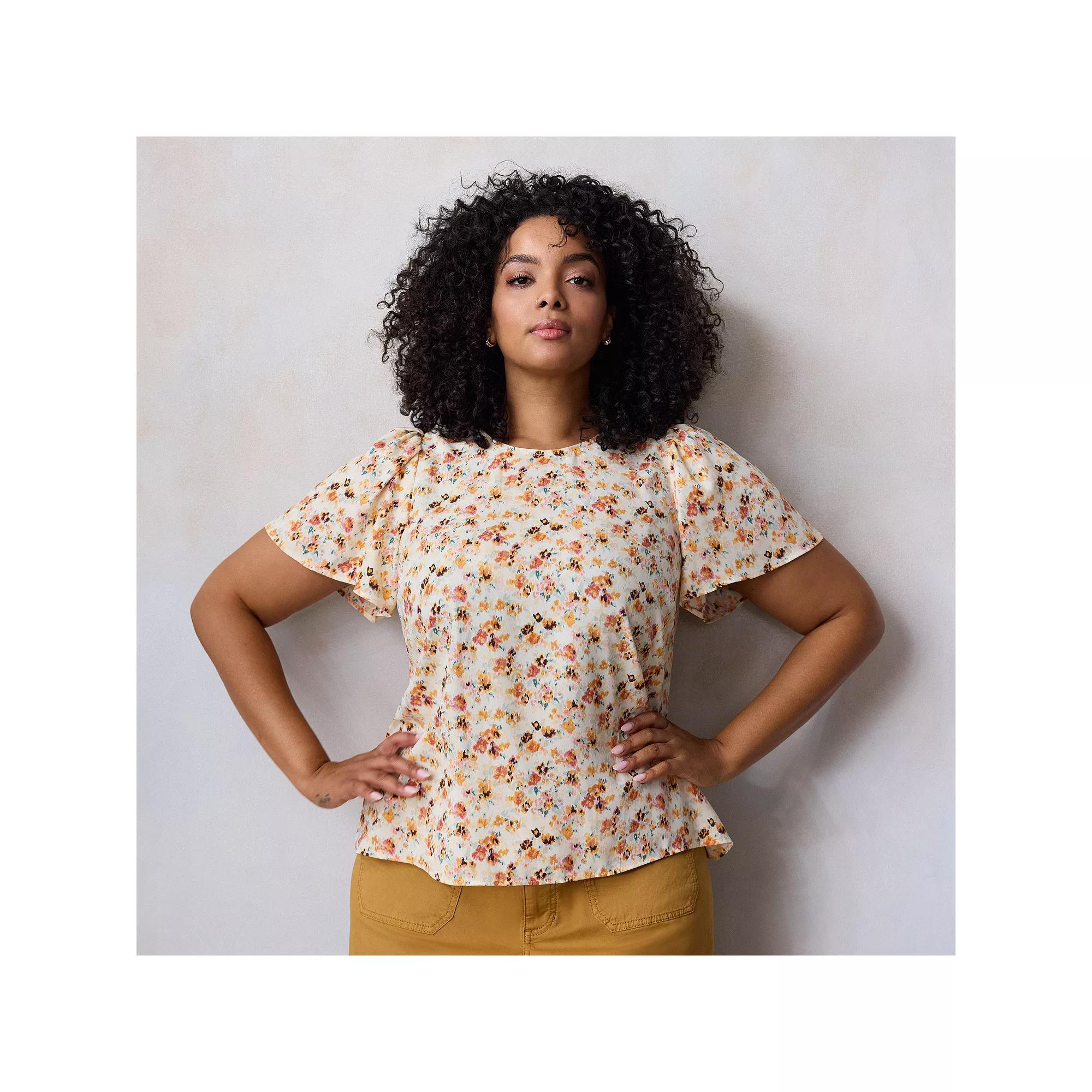 Plus Size LC Lauren Conrad Flutter Sleeve Woven Top, Women's, Size: 2XL, Yellow Fleurie Brush Product Image