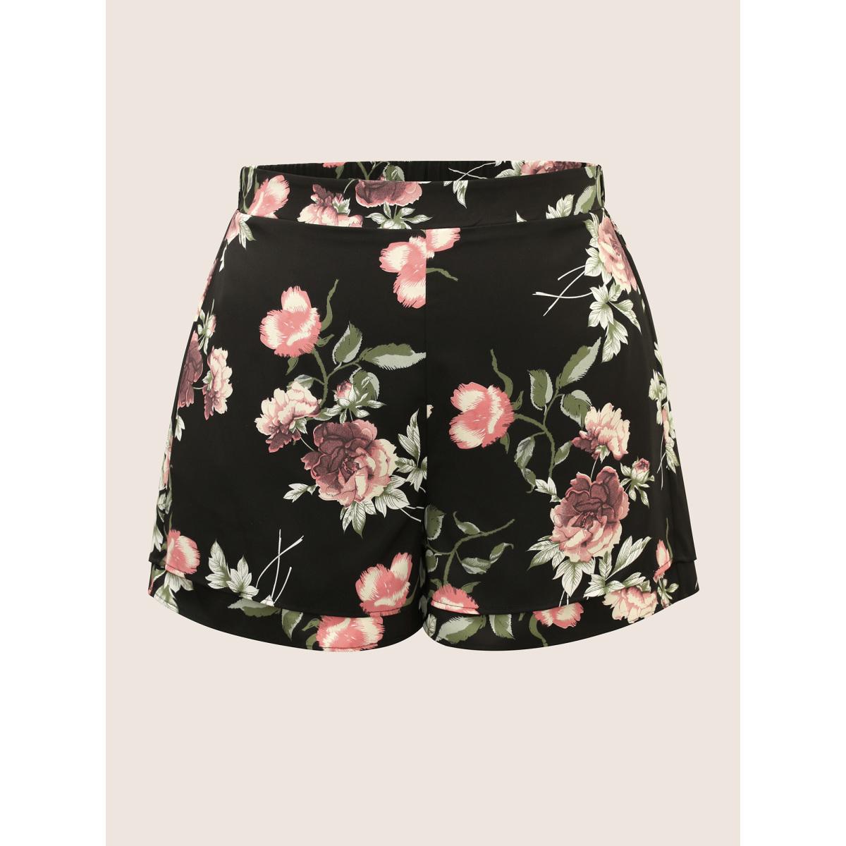 Plus Size Floral Elastic Waist Tiered Hem Shorts Women BlackFlower Elegant Tiered Everyday Shorts BloomChic 26/4X Product Image