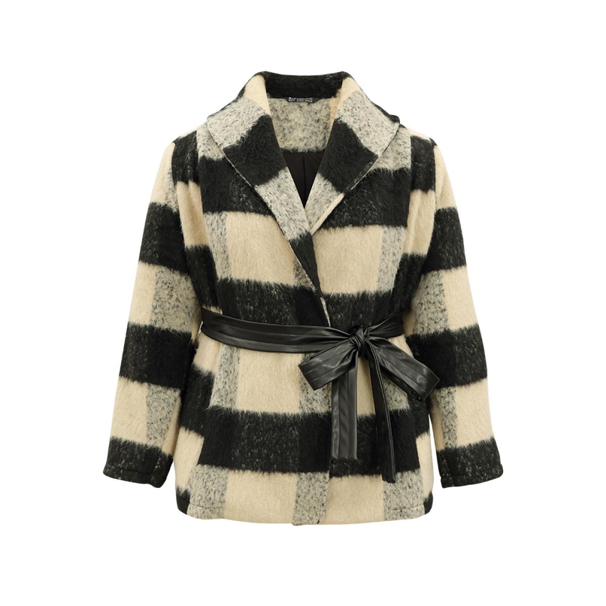 Plus Size Plaid PU Leather Belted Lapel Collar Coat Women Black Casual Lined Ladies Dailywear Winter Coats BloomChic 18-20/2X Product Image