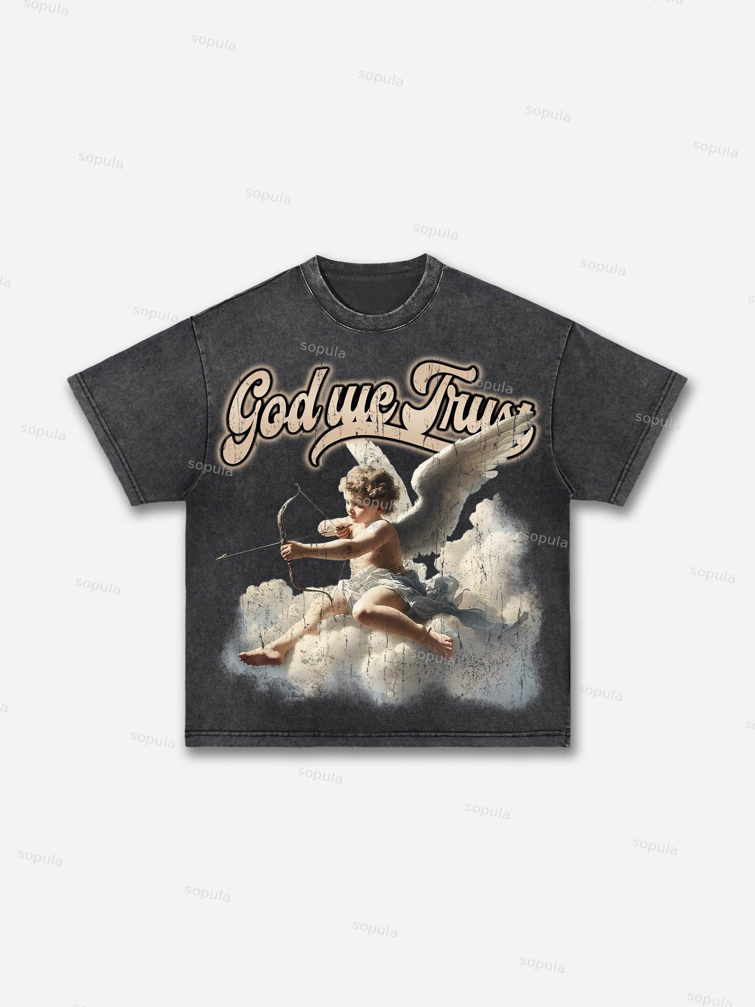 God We Trust Cupid Angel Aged Vintage Graphic Washed T-shirt Product Image