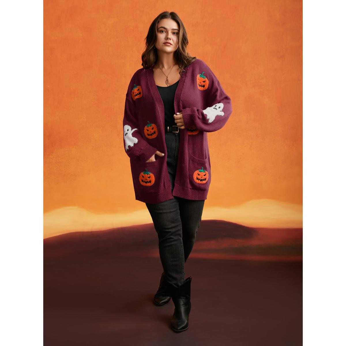 Plus Size Pumpkin Ghost Embroidery Open Cardigan Indigo Women Playful Loose Long Sleeve Casual Cardigans BloomChic 26/4X Product Image