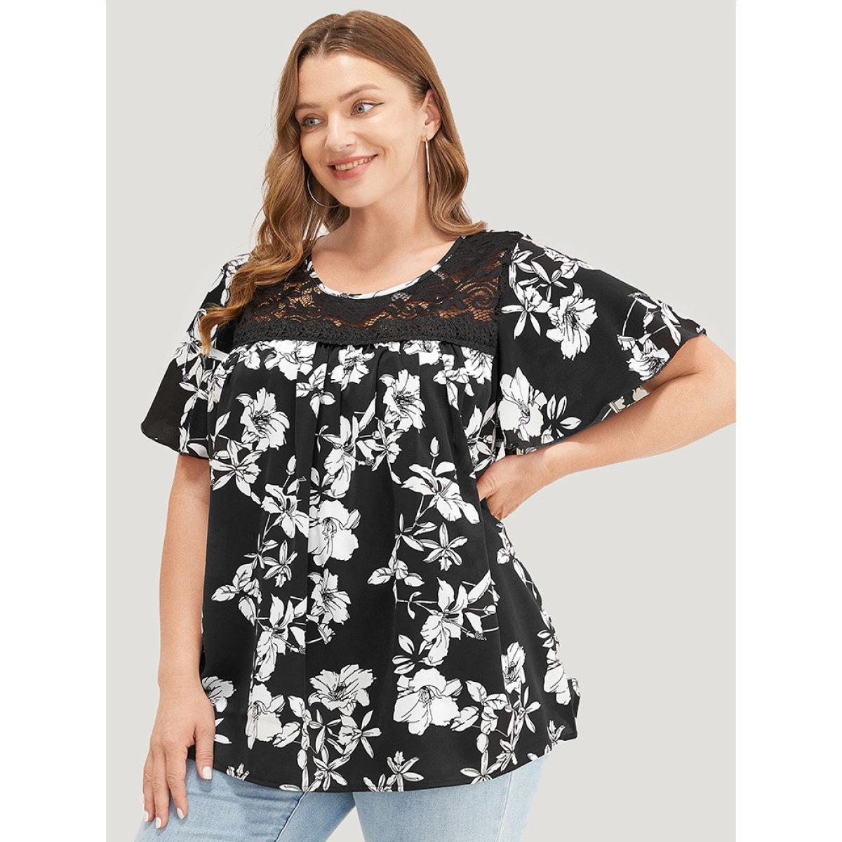Plus Size BlackFlower Floral Print Gathered Lace Patchwork Blouse Women Elegant Short sleeve Round Neck Dailywear Blouses BloomChic 14-16/1X Product Image