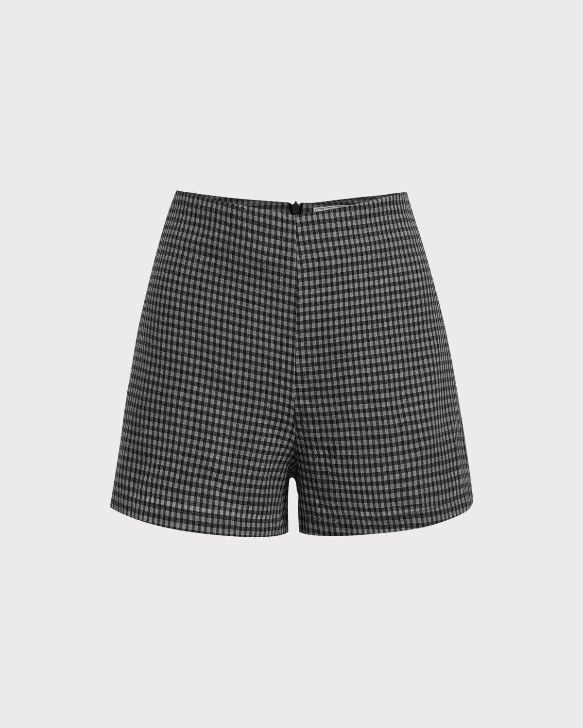 Grey High Waisted Plaid Shorts Product Image