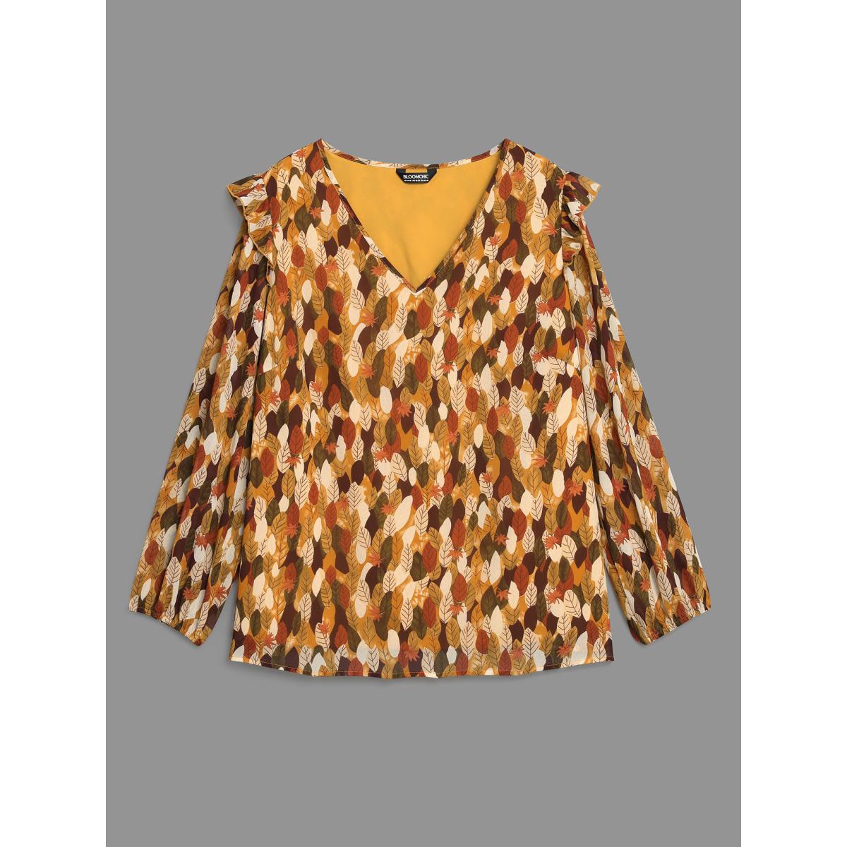 Plus Size Multicolor Leaves Print Ruffle Trim Slit Hem Blouse Women Elegant Long Sleeve V-neck Everyday Blouses BloomChic 18-20/2X Product Image