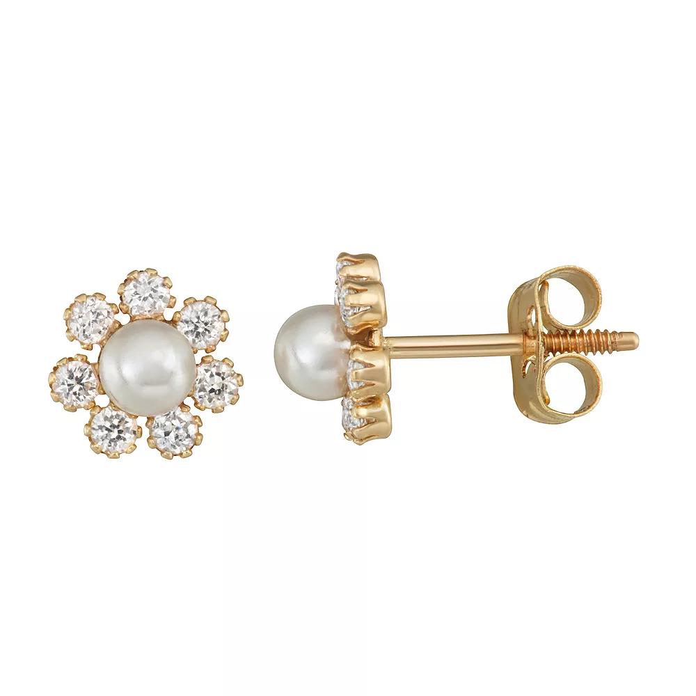 Charming Girl Kids' 14k Gold Simulated Pearl & Cubic Zircona Flower Stud Earrings, Girl's, 14k Gold Tone Product Image