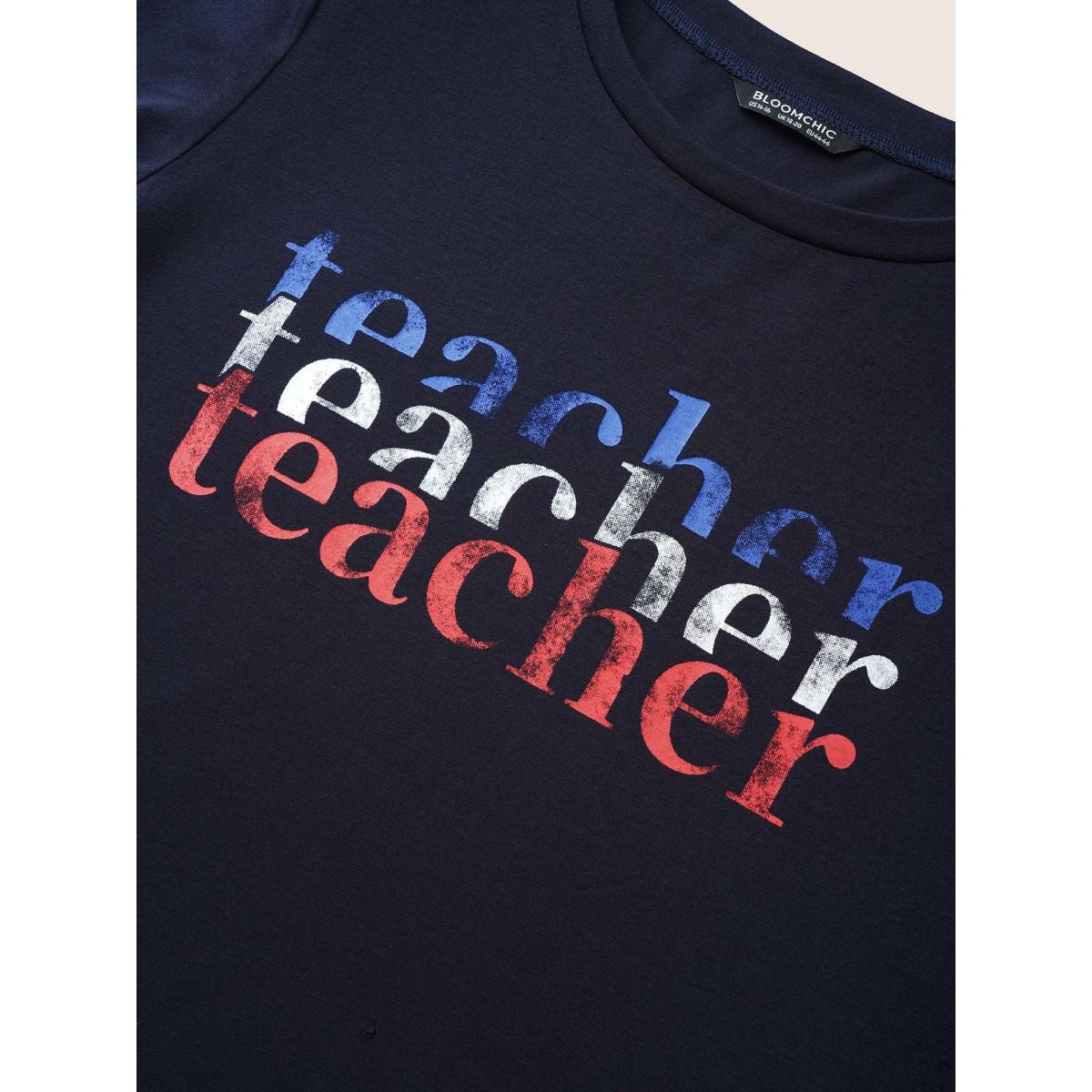 Plus Size Letter Print Contrast Round Neck T-shirt Midnight Women Casual Non Art&design Everyday T-shirts BloomChic 12/L Product Image