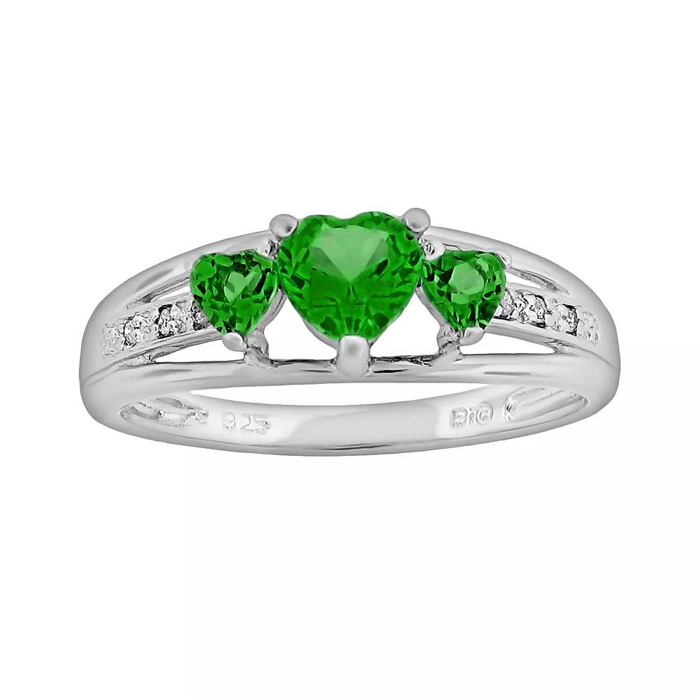 Gemminded Sterling Silver Lab-Created Emerald and Diamond Accent Heart 3-Stone Ring, Women's,  Product Image