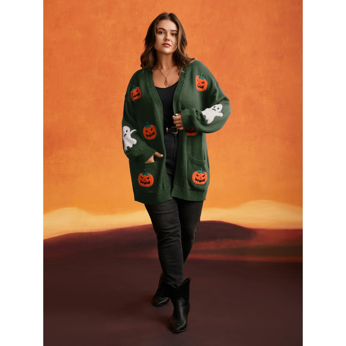 Plus Size Pumpkin Ghost Embroidery Open Cardigan ArmyGreen Women Playful Loose Long Sleeve Casual Cardigans BloomChic 10/M Product Image