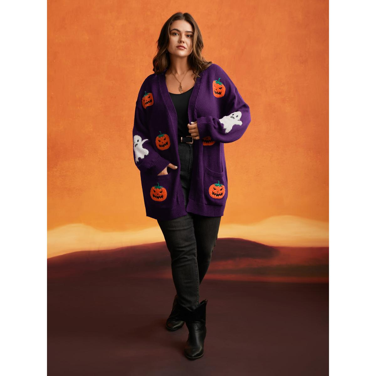 Plus Size Pumpkin Ghost Embroidery Open Cardigan Deeppurple Women Casual Loose Long Sleeve Everyday Cardigans BloomChic 30/6X Product Image