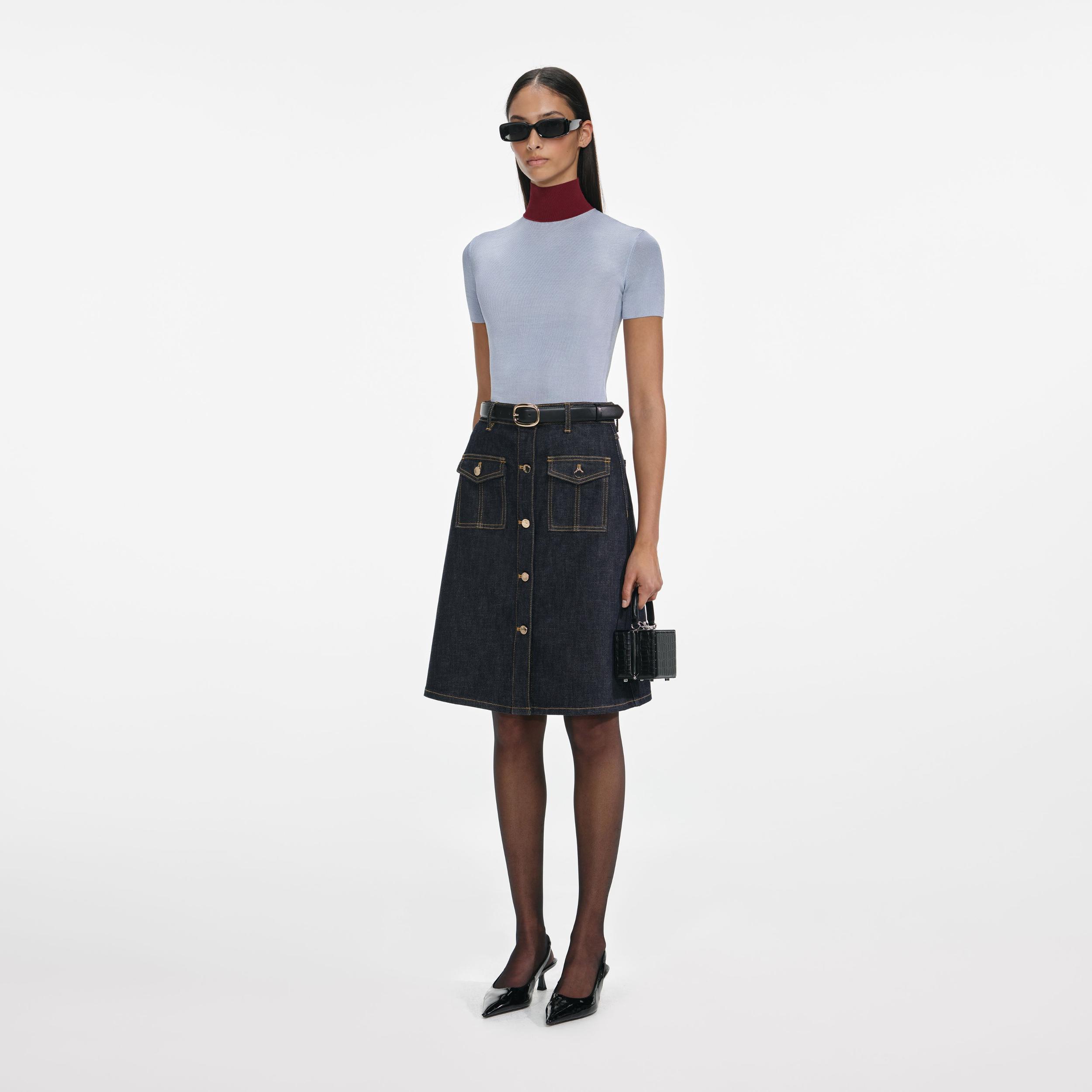 Indigo Denim Belted Midi Skirt Product Image