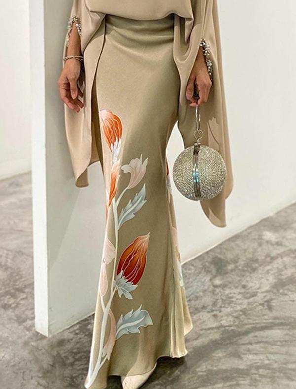 Batwing Sleeves Loose Floral Printed Split-Joint High Neck Skirt Set Two Pieces Set Product Image