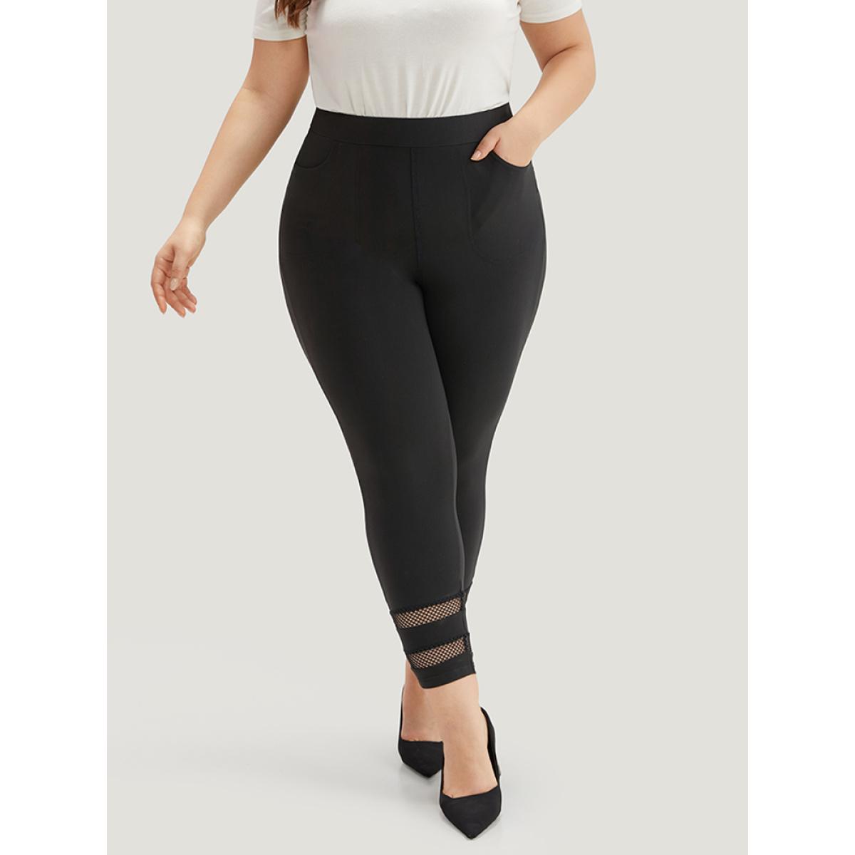 Plus Size Plain Lace Patchwork Cut Out Legging Women Black Casual High stretch Skinny High Rise Dailywear Leggings BloomChic 30/6X Product Image