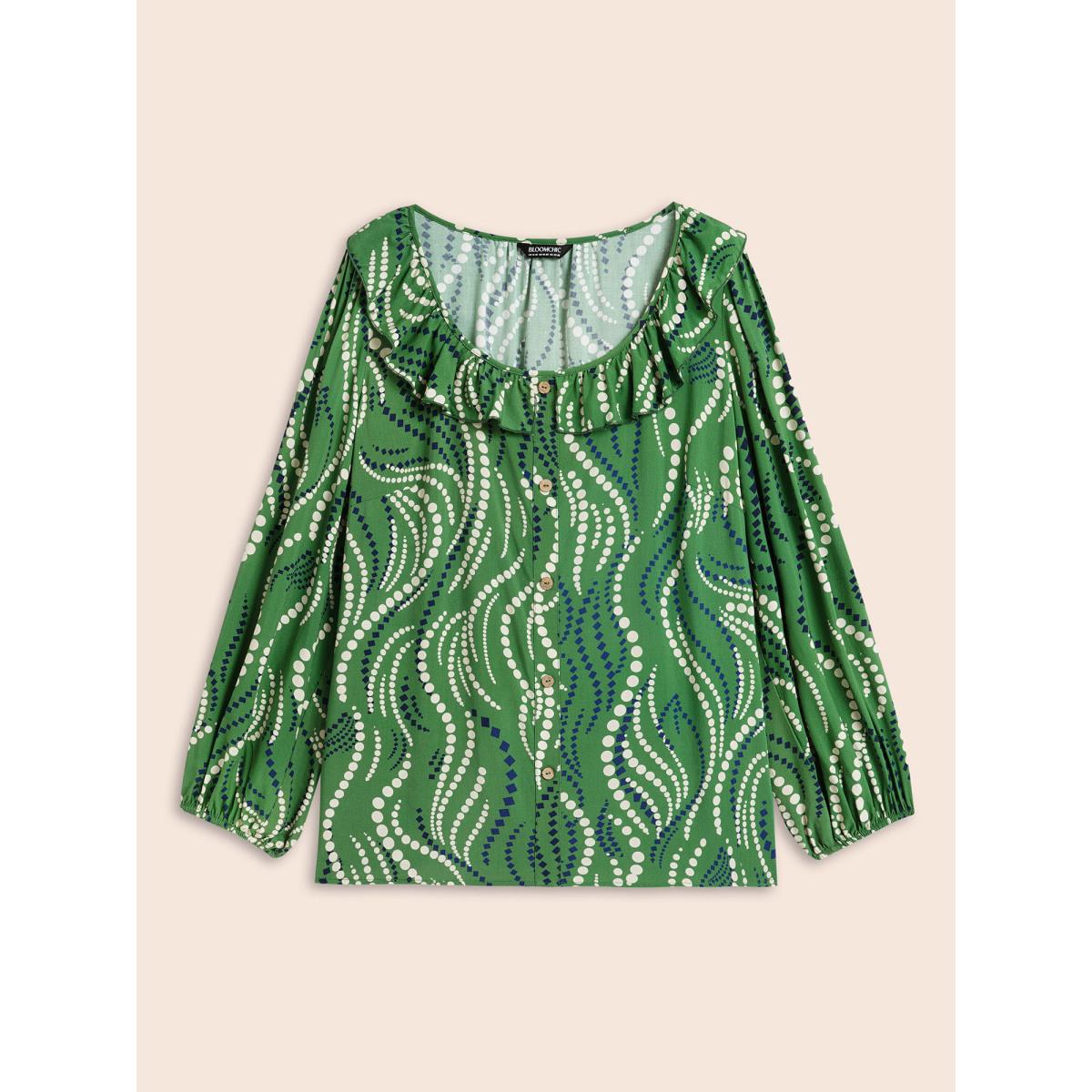 Plus Size Moss Polka Dot Ruffles Button Detail Blouse Women Elegant Long Sleeve Square Neck Everyday Blouses BloomChic 14-16/1X Product Image