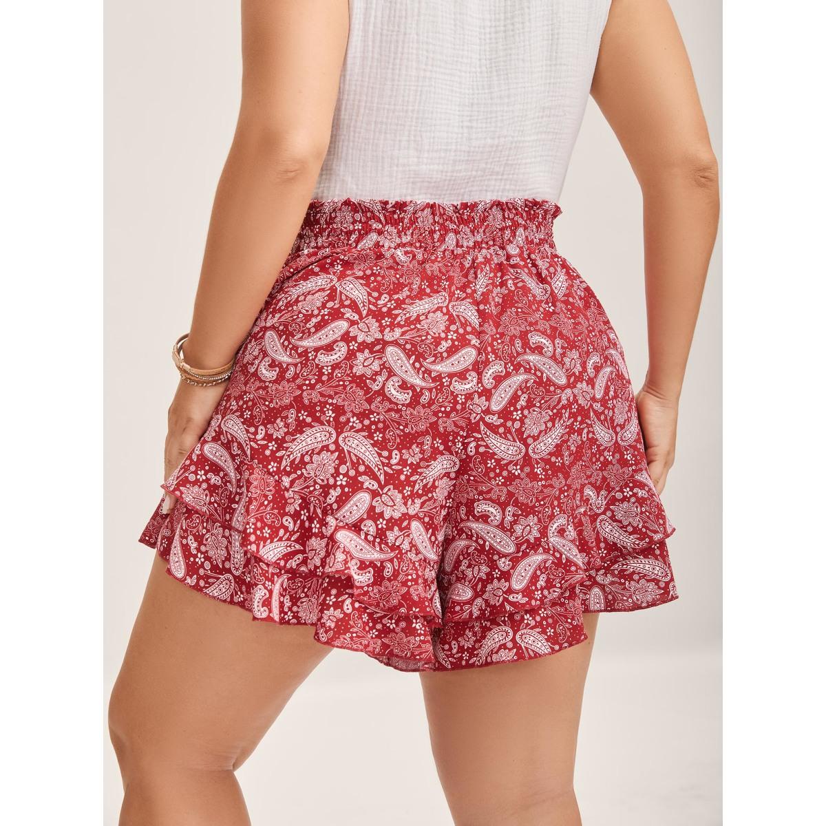 Plus Size Paisley Print Flared Wide-Leg Shorts Women Crimson Boho Drawstring Wide Leg Vacation Shorts BloomChic 12/L Product Image
