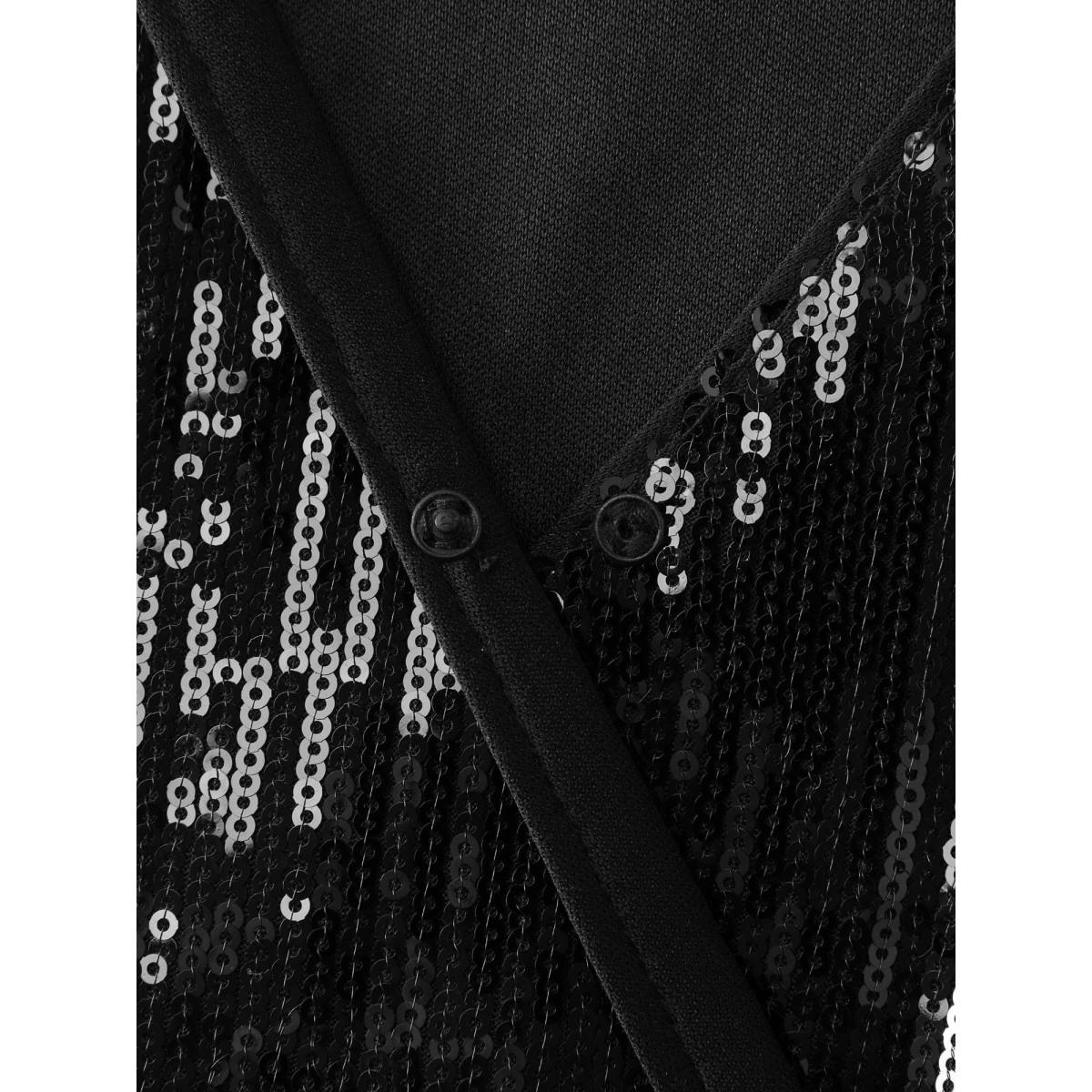 Plus Size Sparkly Sequin Waist-Defining Sheer Maxi Dress Black Women Party&Cocktail Overlap Collar Extra Long Sleeve Curvy BloomChic 26/4X Product Image