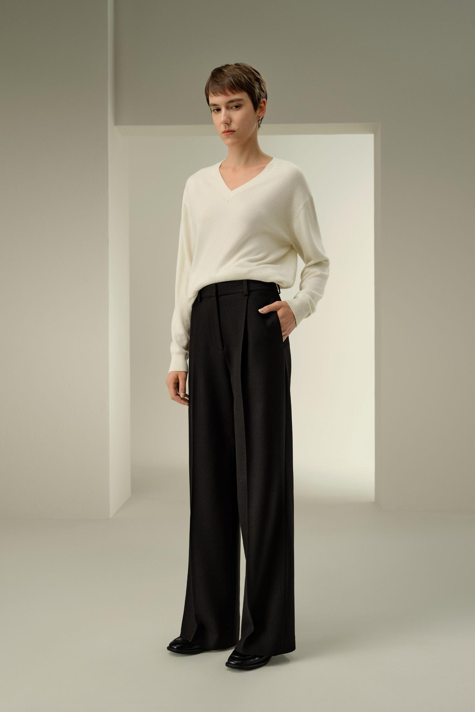 LILYSILK Women's Silk-Wool Tweed Wide-Leg Trousers, Black, Size 16, Wrinkle-Resistant Product Image