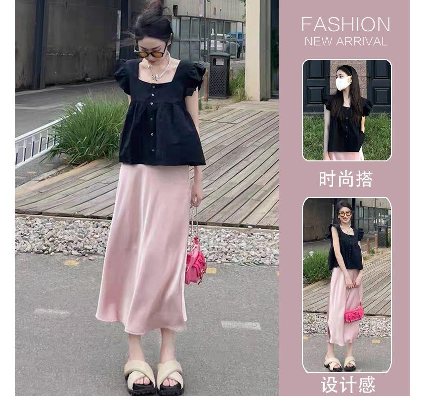 Maternity Cap-Sleeve Square Neck Plain Blouse / High Rise Slit Midi A-Line Skirt / Set Product Image