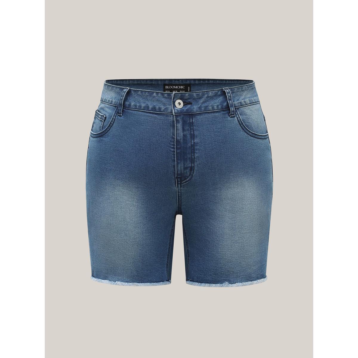 Plus Size Frayed Hem High Rise Denim Shorts Women Midblue Medium stretch Everyday-Casual Slanted pocket Denim Shorts BloomChic 16/1X Product Image