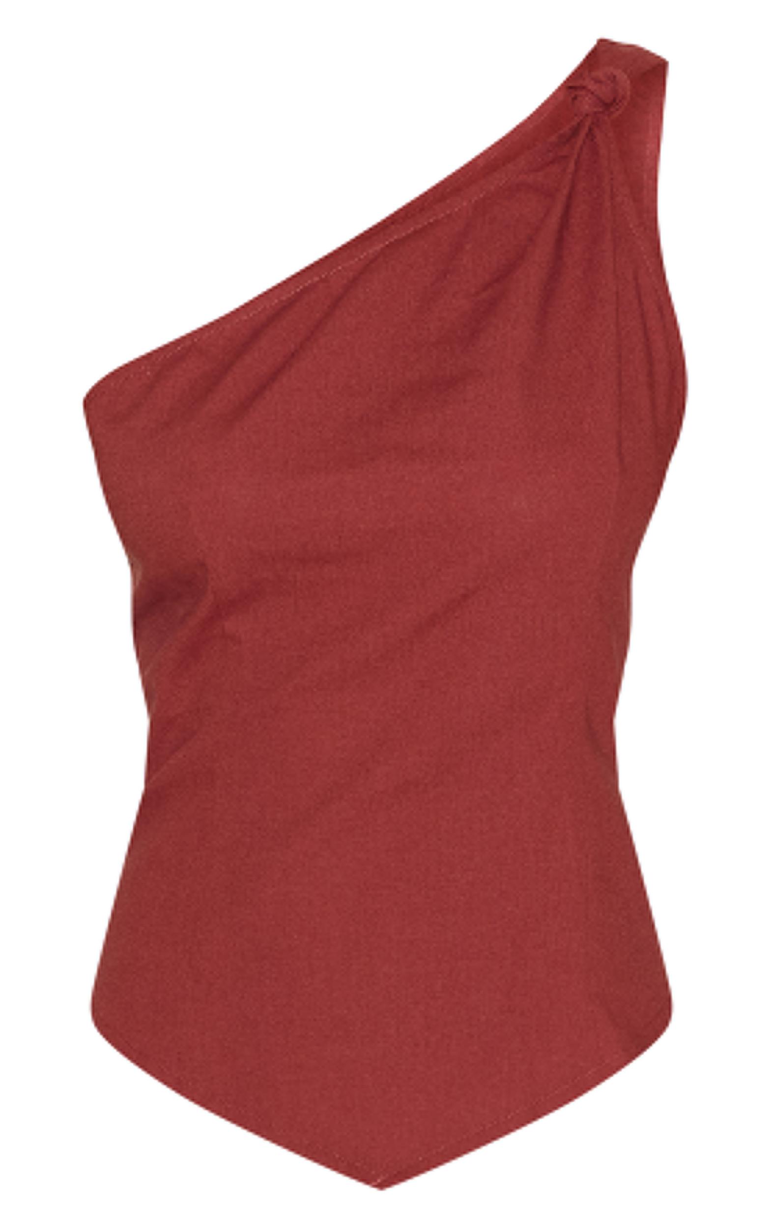 Deep Red Linen Look Neck Detail Long Top Product Image