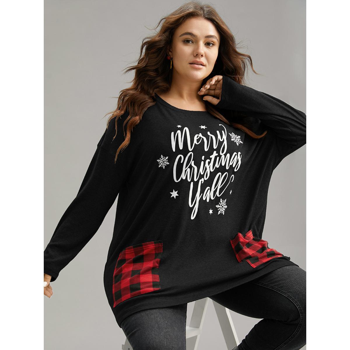 Plus Size Christmas Letter Plaid Patchwork Pocket T-shirt Black Women Casual Contrast Christmas Festival-Halloween T-shirts BloomChic 22-24/3X Product Image