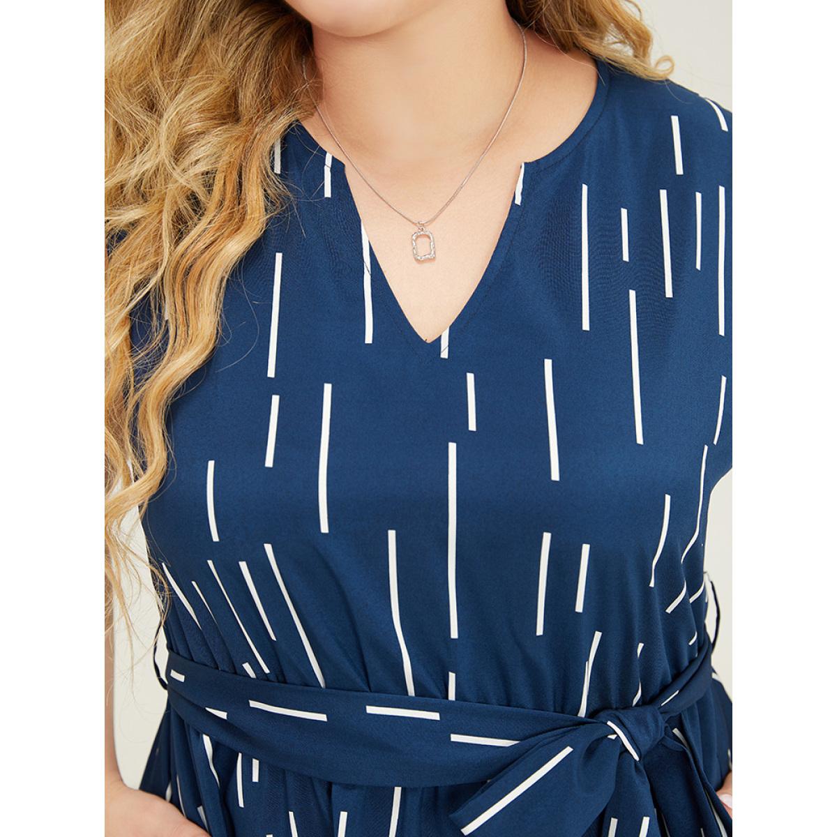 Plus Size Geometric Pocket Ruffle Hem Belted Notched Neck Tank Dress DarkBlue Women Office Cross straps Notched collar Sleeveless Curvy Midi Dress BloomChic 26/4X Product Image