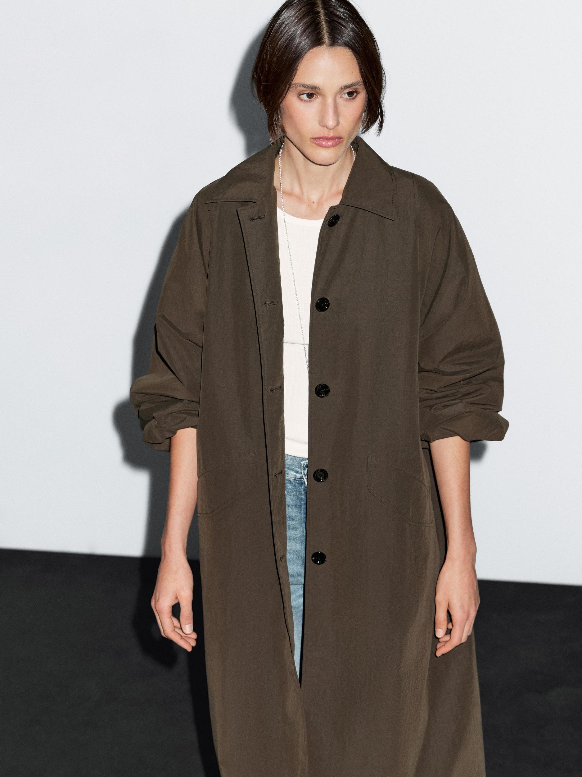 Technical fabric trench coat with button detail Product Image
