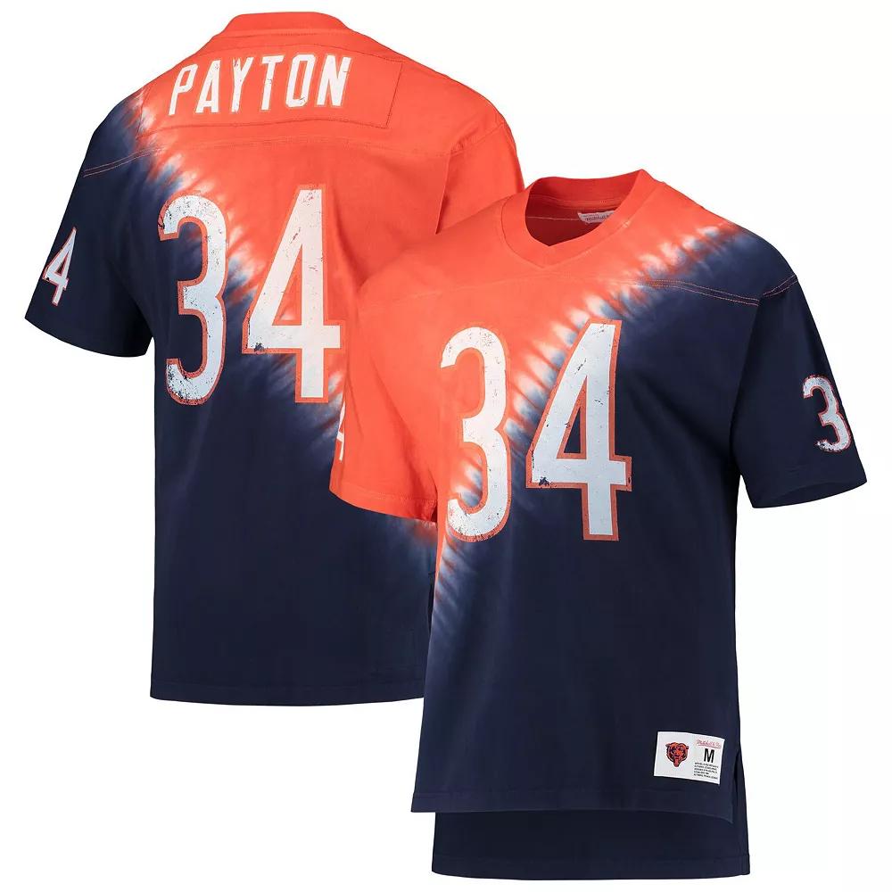 Men's Mitchell & Ness Walter Payton Orange/Navy Chicago Bears Retired Player Name & Number Diagonal Tie-Dye V-Neck T-Shirt, Size: Large Product Image