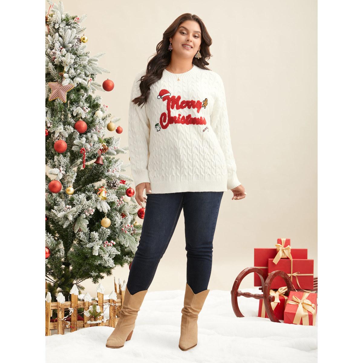 Plus Size Supersoft Essentials Holiday Cable Knit Pullover Ivory Women Casual Loose Long Sleeve Round Neck Everyday Pullovers BloomChic 22-24/3X Product Image