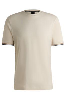 HUGO BOSS Cotton-jersey T-shirt With Signature-stripe Cuffs In White Product Image