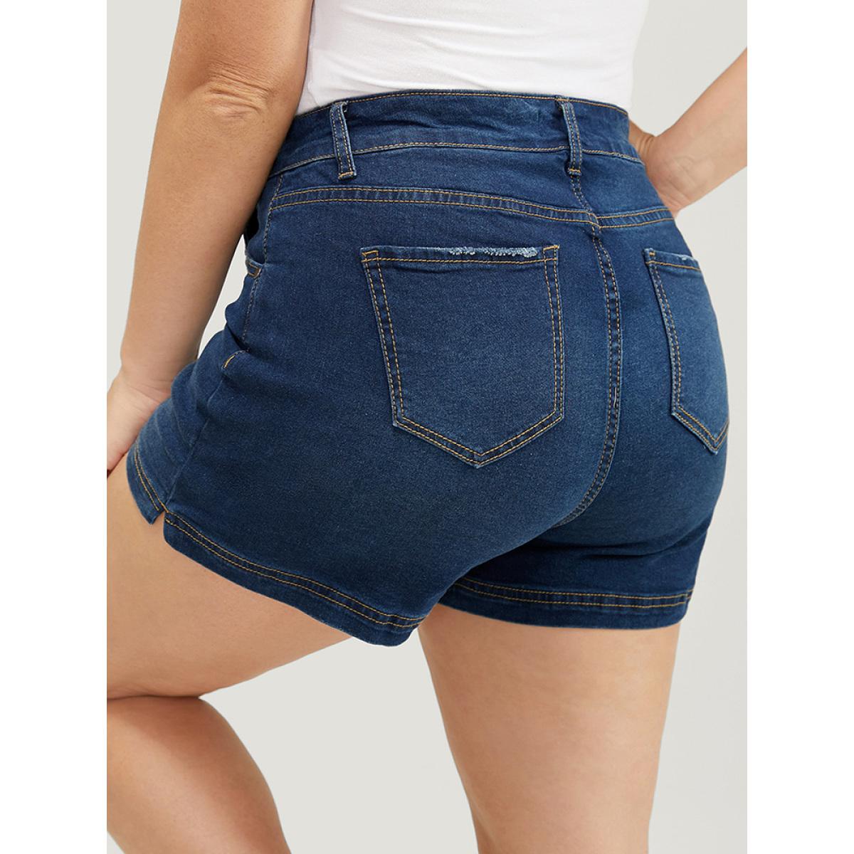 Plus Size Moderately Stretchy High Rise Dark Wash Split Hem Denim Shorts Women Midnight Medium stretch Dailywear Pocket Casual Denim Shorts BloomChic 24/3X Product Image