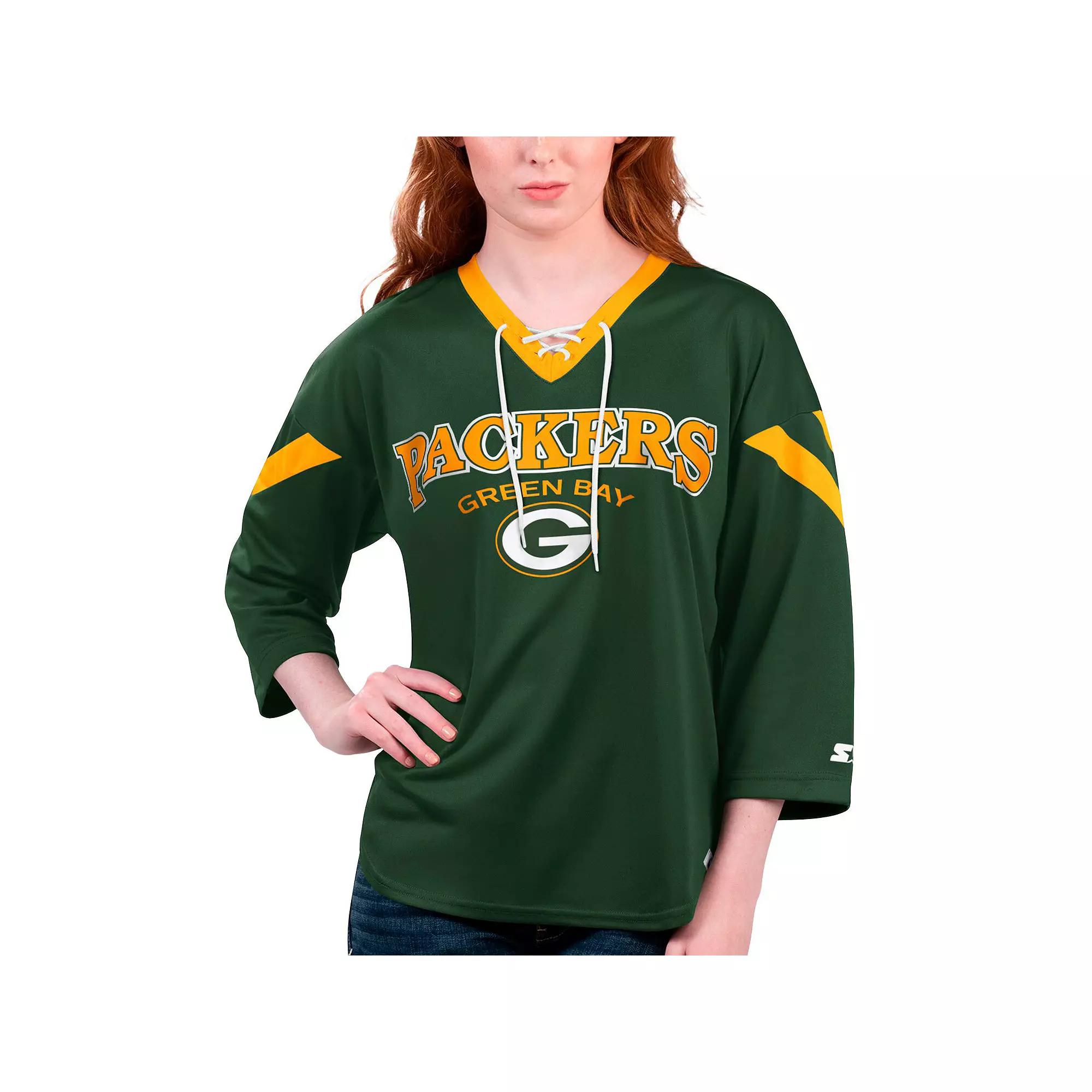 Women's Starter Green Green Bay Packers Rally Lace-Up 3/4 Sleeve T-Shirt,  Product Image