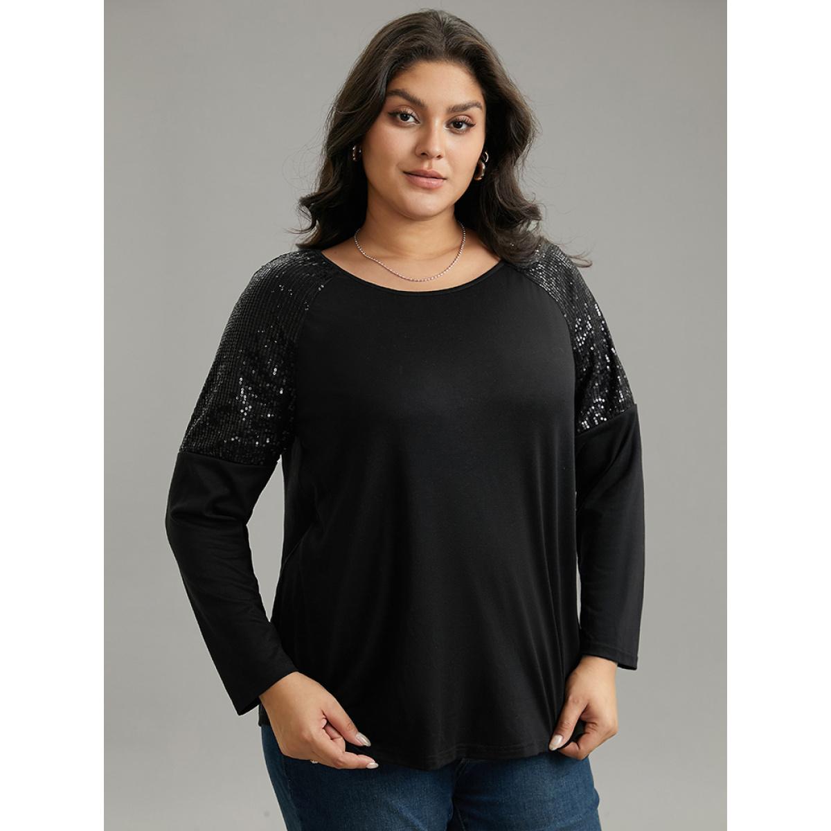 Plus Size Sequin Patchwork Raglan Sleeve T-shirt Black Women Elegant Sequin Galaxy Round Neck Dailywear T-shirts BloomChic 14-16/1X Product Image