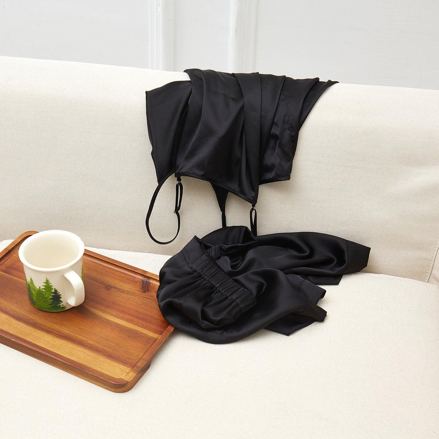 Black Pure Mulberry Silk Cowl Neck Camisole | High Waist Shorts | Lingerie Set | Spaghetti Strap Top | Bridesmaids Gift | Soar Collection Product Image