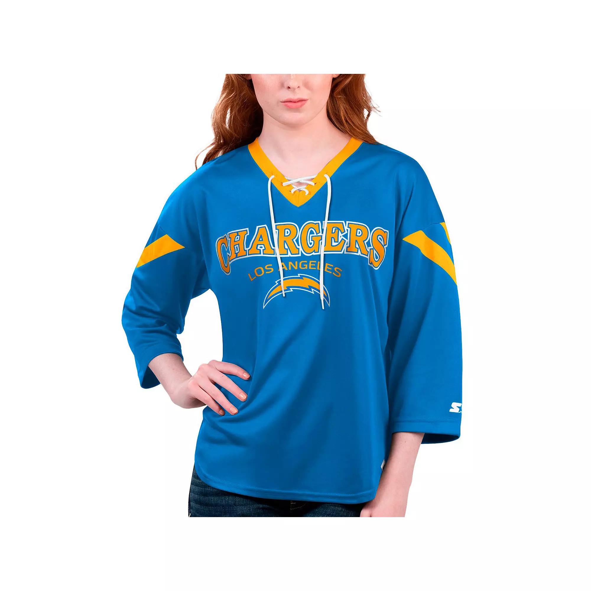 Women's Starter Powder Blue Los Angeles Chargers Rally Lace-Up 3/4 Sleeve T-Shirt,  Product Image