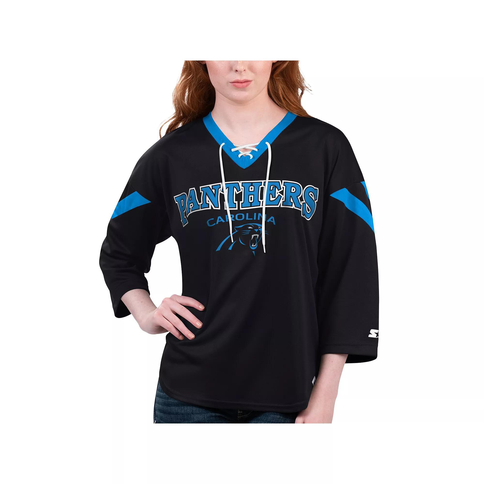 Women's Starter Black Carolina Panthers Rally Lace-Up 3/4 Sleeve T-Shirt,  Product Image