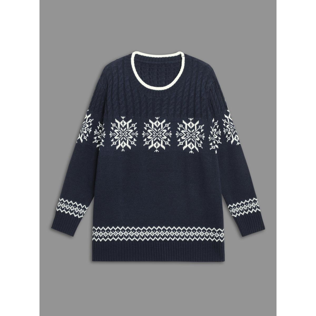 Plus Size Snowflakes Pattern Contrast Round Neck Pullover Midnight Women Casual Loose Long Sleeve Round Neck Everyday Pullovers BloomChic 26/4X Product Image