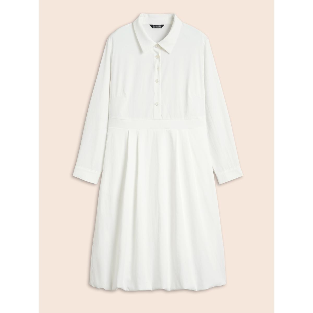 Plus Size Plain Shirt Collar Shirred Bubble Dress Originalwhite Women Elegant Button Shirt collar Long Sleeve Curvy BloomChic 30/6X Product Image