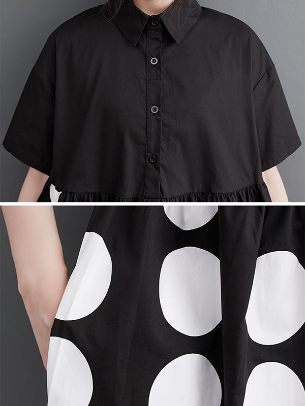 A-Line Loose Buttoned Pockets Polka Dot Printed Lapel Midi Dresses Product Image